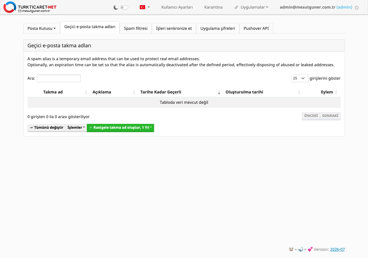 Geçici e-posta takma adları sekmesi